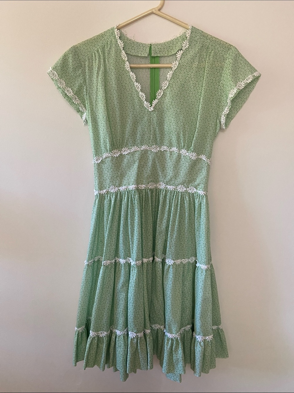 Vintage Soft Green Floral Trim Tiered Mini Dress cottage core